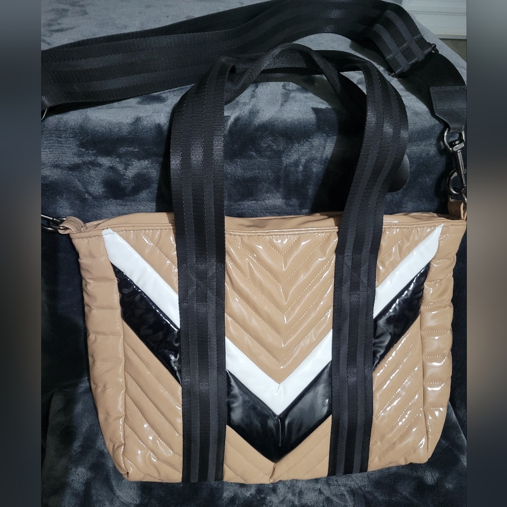 Think Royln Chevron Quilted Tote Bag with Black and White Accents